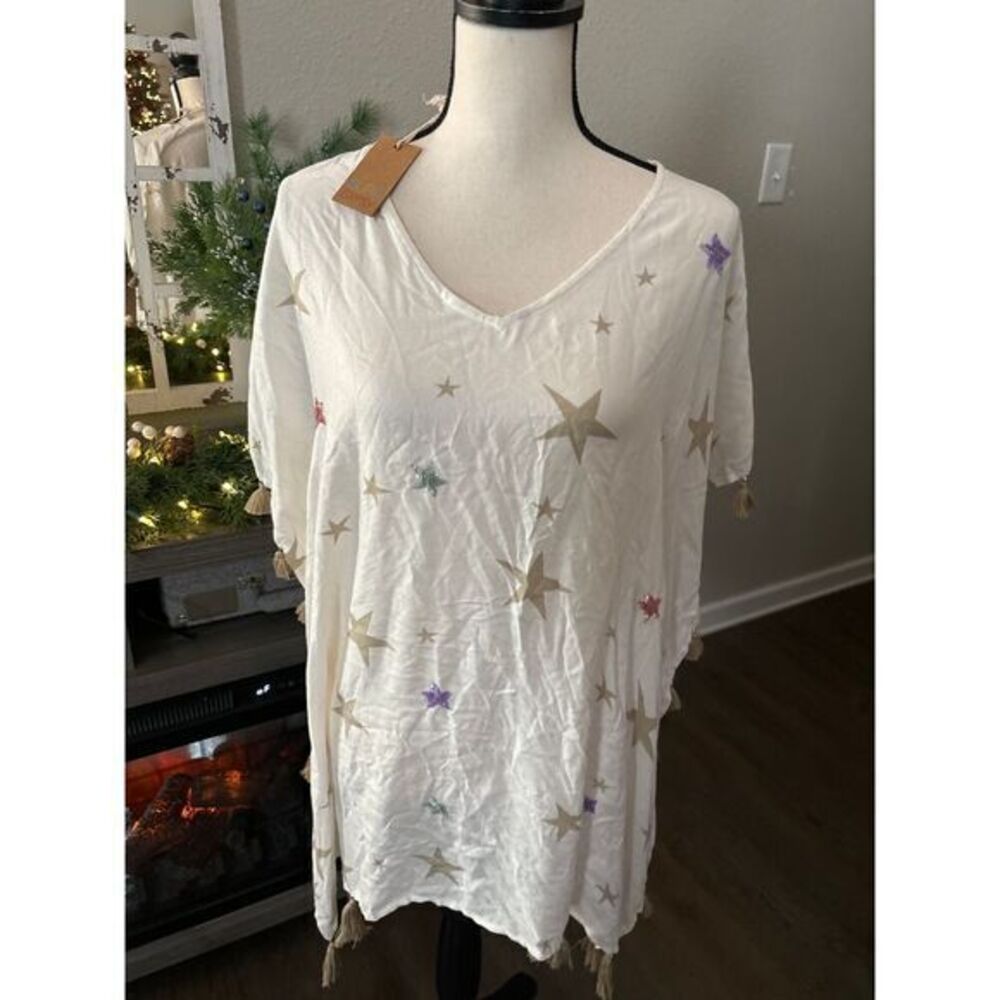 Surf‎ Gypsy NWT boho beach tunic coverup small white stars sequin beaded